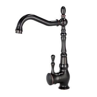 Vintage-style kitchen faucet made of brass with elegant curved spout, black color, height 31 cm, spout length 18 cm