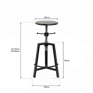 Industrial style mechanically adjustable height stool, steel-wood, height 57-80 cm