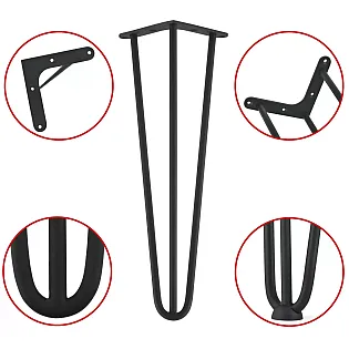 Kavos staliuko kojelės iš trijų 10 mm skersmens plieninių strypų, aukštis 43 cm - 4 kojelių komplektas, spalvos juoda, balta, pilka, auksinė