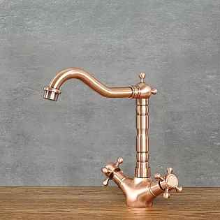 Retro-style sink faucet made of brass in rose gold color, height 25 cm, spout length 18 cm