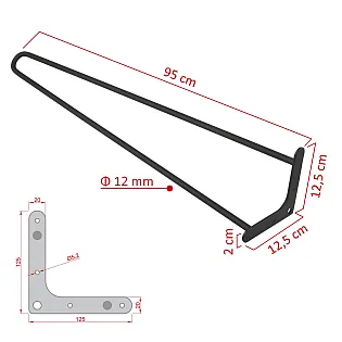 Dekoratyvinės metalinės stalo kojos Ø12 bar, 95 cm aukštis - 4 kojų rinkinys, juodos, baltos, pilkos arba auksinės spalvos