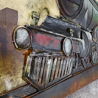3D metalo menas, paveikslas, sienų dekoras Juodas važiuojantis traukinys, matmenys 150x50 cm