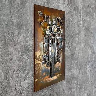 3D metālmāksla, bilde, sienas dekors - čoper Motocikls, skats no priekšas, brūna krāsa, izmēri 80x120cm