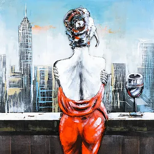 3D metal wall image, wall decor, a woman and a glass of champagne, 80x120 cm