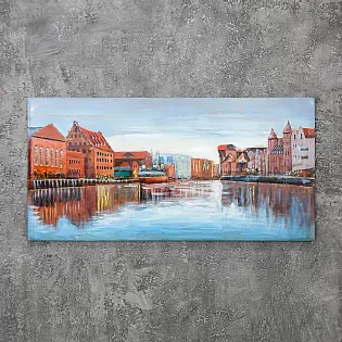 3D metāla sienas attēls, sienas dekors, pilsēta pie upes, 70x140 cm