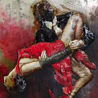 Kaislīgā deja - 3D metāla sienas māksla fakturēts sarkanas kleitas attēls, izmēri 120x80 cm