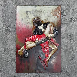 Aistringas šokis - 3D metalo sienų menas tekstūruoto raudono suknelės vaizdas, matmenys 120x80 cm