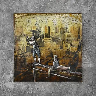 Pilsētas panorāmas golfs 3D metāla sienas mākslas attēls 100x100 cm, industriāla pilsētas ainava ar figūrām, moderna lofta dekorācija