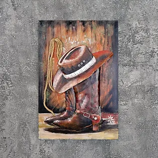 3D wall art made from steel, rustic western wall decor with cowboy hat, boots, and rope, height 90 cm, width 60 cm
