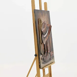 Terasest 3D seinakunst, rustikaalne läänelik seinakaunistus kauboi mütsi, saabaste ja köiega, kõrgus 90 cm, laius 60 cm