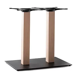 Table base from steel with two raw beech wood columns, height 72 cm 60 cm 106 cm, tabletops up to 140x80 cm or D120 cm