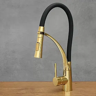 360 grādu rotējošs virtuves krāns izgatavots no nerūsējošā tērauda, augstums 43 cm, snīpi garums 17 cm, krāsa melna un antīks zelts