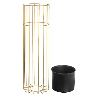 Metal designed flower pot made of rods golden color and plastic basket black color, width 20 cm, height 70 cm