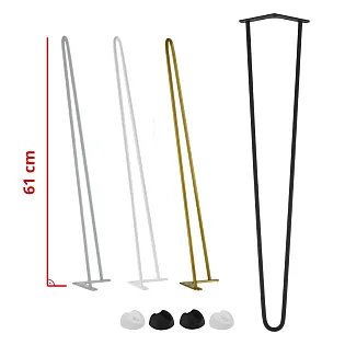 Dekoratyvios metalinės stalo kojos su 2 strypų dizainu, 4 vnt. komplektas, skersmuo 10 mm, aukštis 61 cm, juodos, baltos, pilkos arba auksinės spalvos