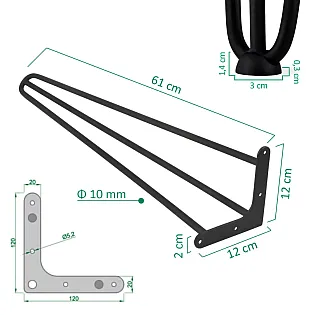 Decorative table legs made of 3 solid steel rods with diameter 10 mm, height 61 cm, black, white, grey or golden color