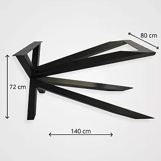 Asimetriškas monolitinis, meniškas metalinis juodos spalvos stalo rėmas dideliems stalviršiams, aukštis 72 cm, plotis 80 cm, ilgis 140 cm