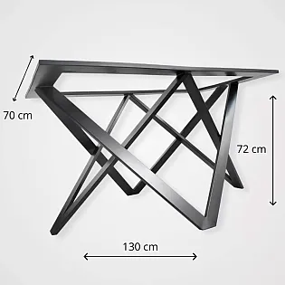 Rankų darbo 3D plieninis stalo rėmas Trikampiai su atrama iš viršaus, dideliems stalams, ilgis 130 cm, plotis 70 cm, aukštis 72 cm