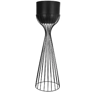 Tērauda puķu statīvs no izliektiem melnas apdares tērauda stieņiem un melna plastmasas groza, augstums 68 cm, platums 20 cm