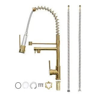 Two spouts kitchen faucet made from brass in antique gold color, industrial-look, rotating spout with constant flow and pull-out spout with a shower jet, total height 54 cm