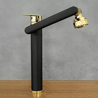 360 degree rotating kitchen tap made of stainless steel, height 30,5 cm, spout length 20 cm, color black and gold, matte, glossy