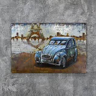 Vintage 3D Metal Wall Art Classic Blue French Car with Eiffel Tower, 120x80cm, Industrial Rustic Decor