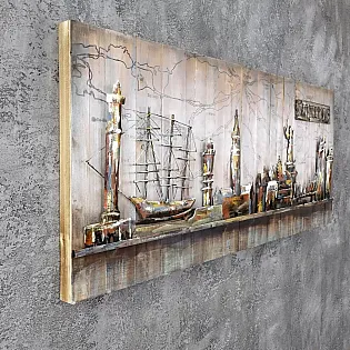 3D metal wall art of Dunkerque port and wharf skyline industrial maritime decor, dimensions 60x150cm