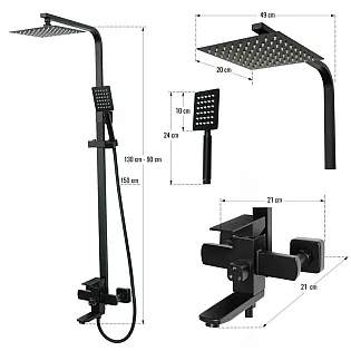 Dušisüsteem, modernne stiil, kõrgus 130 cm, ulatus 49 cm, dušipea pikkus 24 cm, vooliku pikkus 150 cm, pööratav tila