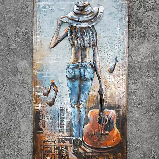 3D meno kūrinys, metalo tapyba, mergina su gitara, 60x120 cm