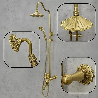 Brass shower set in retro style with flower accents, 3-function shower system includes rainfall shower, handheld shower and bath tap