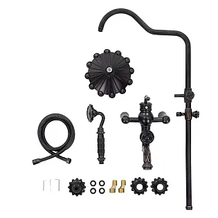 Vintage black brass shower set with wlegant flower accents 3-function retro shower system featuring rainfall head, handheld sprayer, and bath tap