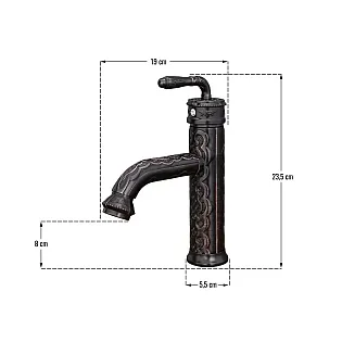 Decorative brass sink faucet with floral patterns, black with copper scratches, height 23.5 cm, spout length 10 cm
