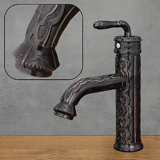 Decorative brass sink faucet with floral patterns, black with copper scratches, height 23.5 cm, spout length 10 cm