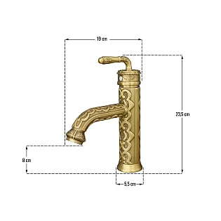 Dekoratīvs misiņa izlietnes jaucējkrāns ar ziedu rakstiem, antīka misiņa krāsa, augstums 23,5 cm, izteka garums 10 cm