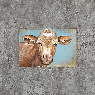 3D metalo dekoras, ruda karvė su širdele ant kaktos mėlyname fone, horizontali orientacija, matmenys 90x60cm