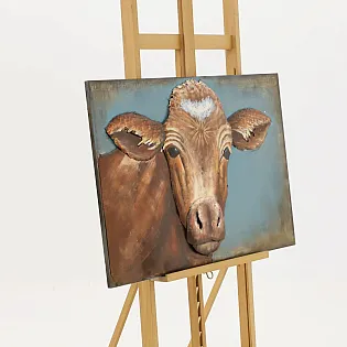 3D metalo dekoras, ruda karvė su širdele ant kaktos mėlyname fone, horizontali orientacija, matmenys 90x60cm