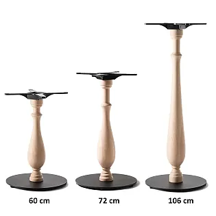 Table leg with steel bottom base and elegant raw wooden column for coffee table, dining table, bar table, weight 15 kg, for tabletops up to D80cm