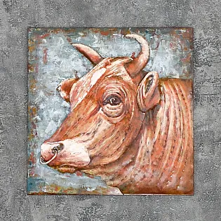 3D metallist seinadekoor, ninarõngaga pruun lehm, 80x80cm