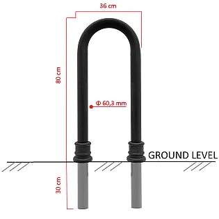 Galvanized bicycle stand, retro style, height 80 cm, width 36 cm, with cast iron decorative elements, in-ground concrete installation, black color