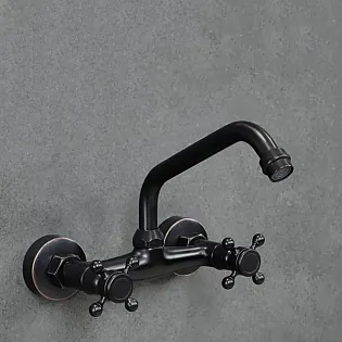 Wall-mounted faucet made of brass, black color, with the spout raised at an angle of 115 degrees, height 19 cm