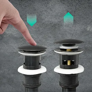 Pop up sink drain stopper with overflow, made from brass, in black color, 19 cm or 21 cm