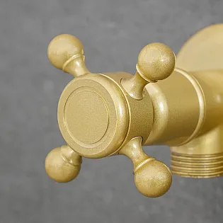 Wall-mounted faucet made of brass with angle hose tap, brass color, height 6,5 cm, spout length 8 cm