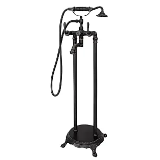 Vintage style freestanding bath tap with hand shower, made from brass with 3D textures, black with copper abrasions, height 104 cm