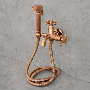 Retro style brass bidet faucet with start-stop hand shower, ceramic head, antique bronze color, height 11 cm, spout length 11 cm