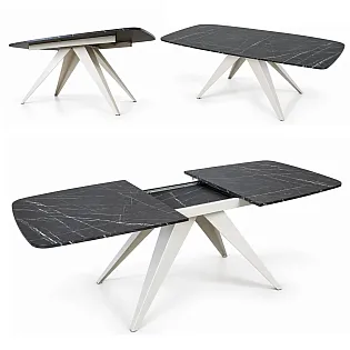 Išskleidžiamas stačiakampis valgomojo stalas su užapvalintais kampais, ilgis nuo 160 iki 198 cm, plotis 80 cm, aukštis 76 cm, modernios juodos metalinės kojos, patvarus laminuotas stalviršis, galimas 7 spalvų pasirinkimas