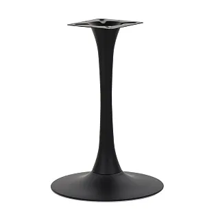 Central pedestal-style table base with a trumpet-shaped column and circular, flat base plate, made of steel, black color, width 49 cm, height 73.5 cm