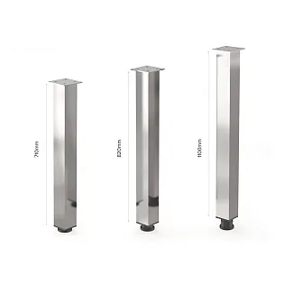 Electropolished aluminum furniture legs with square cross-section and chrome effect, height 71 cm, 82 cm, 110 cm, set of 4 pcs.