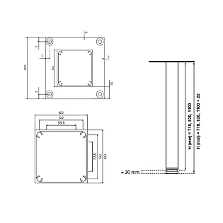 Anodized aluminum table legs with square shape 60x60 mm, height 71 cm, 82 cm, 110 cm, set of 4 pcs, white color