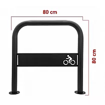 Lauko metalinis dviračių stovas su logotipu iš plieno, juodos spalvos, matmenys 80x80 cm