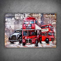3D metāla mākslas darbs ar dinamiska sarkanā Londonas autobusa attēlu, izmēri 120x60 cm
