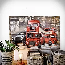 3D metalo meno kūrinys su ryškiu raudono Londono autobuso vaizdu, 120x60 cm
